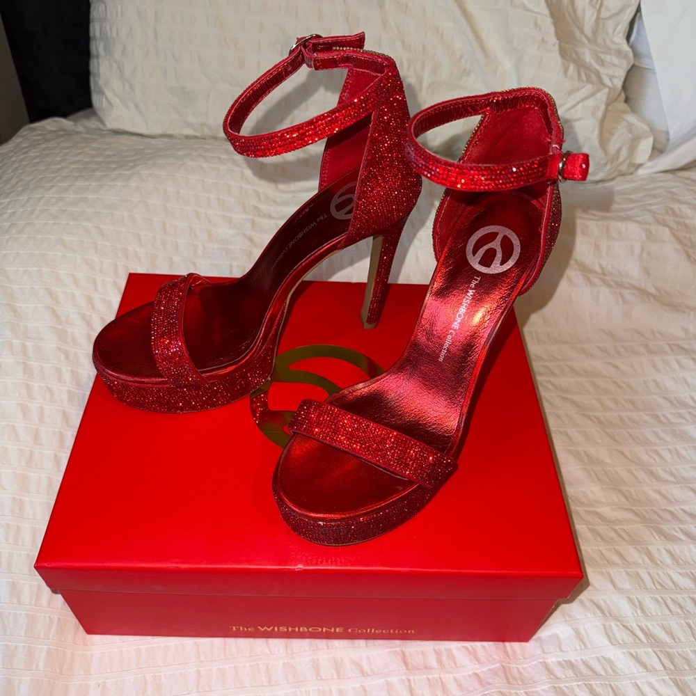 Red Rhinestone Stiletto Platform Heels with Ankle Strap | 7.5 - Picture 4 of 9